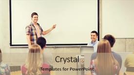  Presentation with high technology - Slide set having smiling student boy with remote background and a  colored foreground