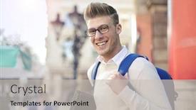  Presentation with laptop - Audience pleasing presentation design consisting of smiling-student-carrying-a-rucksack backdrop and a light gray colored foreground