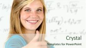  Presentation with mathematics - Presentation theme enhanced with smiling student girl thumb up standing front of mathematics board background and a sky blue colored foreground
