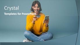  Presentation with online shopping - Cool new PPT layouts with smiling-student-girl-using-mobile backdrop and a seafoam green colored foreground