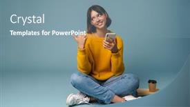  Presentation with coffee cup - Amazing PPT theme having smiling-student-girl-using-mobile backdrop and a seafoam green colored foreground