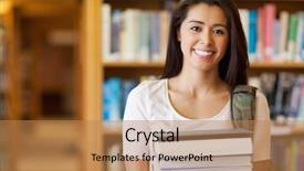  Presentation with library - Slides having smiling student holding books background and a coral colored foreground