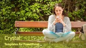  Presentation with text message - Theme featuring smiling student sitting on bench text message on her mobile phone in park at school background and a gold colored foreground