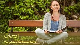  Presentation with music school - Amazing PPT theme having smiling student sitting on bench listening music with mobile phone and holding book in park at school backdrop and a tawny brown colored foreground
