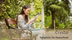  Presentation with text message - Slides having smiling student sitting on bench text message on her mobile phone in park at school background and a coral colored foreground