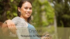  Presentation with music school - Colorful presentation enhanced with smiling student sitting on bench listening music with mobile phone in park at school backdrop and a yellow colored foreground