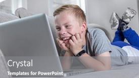  Presentation with virtual work - Cool new PPT theme with smiling-student-web-conferencing backdrop and a gray colored foreground