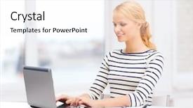  Presentation with technology and education - Theme having smiling student with book laptop background and a white colored foreground