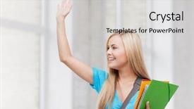  Presentation with student farewell - PPT theme having smiling student with folders waving background and a light gray colored foreground