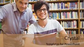  Presentation with professor - Theme featuring smiling student with professor background and a coral colored foreground