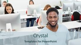  Presentation with class - Colorful PPT layouts enhanced with portrait of smiling students in computer class backdrop and a lemonade colored foreground