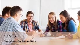  Presentation with architecture - Cool new theme with smiling students meeting at school backdrop and a coral colored foreground