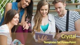 Presentation with steps - Slides enhanced with smiling students sitting on steps with tablet pc at the university background and a tawny brown colored foreground