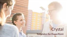  Presentation with students - Slide set with smiling students talking at campus background and a lemonade colored foreground