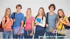  Presentation with backpacks - Audience pleasing PPT layouts consisting of smiling students wearing backpacks and holding books in their hands against grey vignette backdrop and a ocean colored foreground