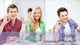  Presentation with technology students - Slide set with smiling students with tablet pcs background and a  colored foreground