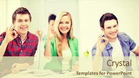  Presentation with technology students - Presentation enhanced with smiling students with tablet pcs background and a  colored foreground