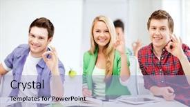  Presentation with technology students - Audience pleasing PPT theme consisting of smiling students with tablet pcs backdrop and a  colored foreground