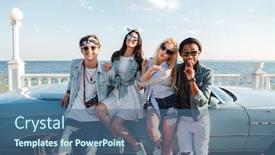  Presentation with kiss - PPT layouts enhanced with smiling stylish young friends standing and sending kiss near cabriolet background and a ocean colored foreground