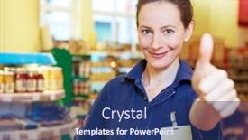  Presentation with supermarket - Colorful slide set enhanced with smiling-supermarket-saleswoman-holds backdrop and a ocean colored foreground