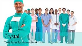  Presentation with healthcare workers - Slide deck having smiling surgeon with medical staff background and a cyan colored foreground