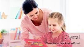  Presentation with teacher - Slide deck featuring smiling-teacher-and-little-girl background and a coral colored foreground