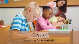  Presentation with elementary school - Slide deck featuring smiling teacher helping a student background and a  colored foreground