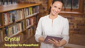  Presentation with elementary - Slide deck enhanced with smiling teacher holding a tablet in her hands at the elementary school background and a tawny brown colored foreground