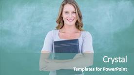  Presentation with teacher - Amazing slide deck having smiling teacher holding notebook in front of blackboard in classroom backdrop and a seafoam green colored foreground