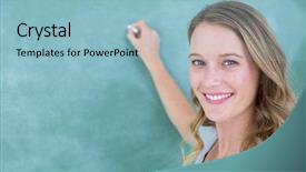  Presentation with writing - Colorful slide deck enhanced with smiling teacher writing on blackboard backdrop and a light blue colored foreground