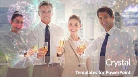  Presentation with black people - Colorful slides enhanced with smiling team of business people honoring a success with champagne against colourful fireworks exploding on black background backdrop and a coral colored foreground
