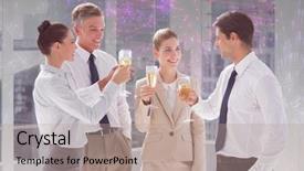  Presentation with flutes - Presentation theme enhanced with smiling team of business people clinking their flutes of champagne against colourful fireworks exploding on black background background and a coral colored foreground