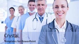  Presentation with multiracial team of young doctors stacking hands - Slide set consisting of smiling team of doctors standing background and a  colored foreground