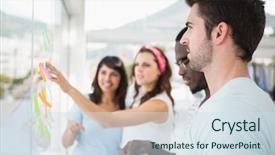  Presentation with sticky notes - Colorful presentation theme enhanced with smiling teamwork reading sticky notes in the office backdrop and a sky blue colored foreground