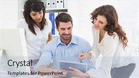  Presentation with school teamwork diversity - Amazing PPT theme having smiling teamwork using digital tablet backdrop and a light blue colored foreground