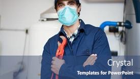  Presentation with coronavirus - Beautiful presentation theme featuring smiling-technician-repairing-an-hot backdrop and a ocean colored foreground