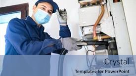  Presentation with coronavirus - PPT layouts featuring smiling-technician-repairing-an-hot background and a teal colored foreground