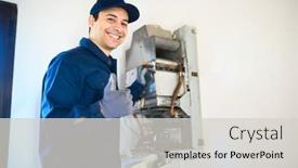  Presentation with water - Amazing slide set having smiling-technician-repairing-an-hot backdrop and a light gray colored foreground