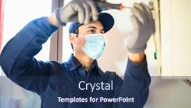  Presentation with save water shower head - Theme having smiling-technician-repairing-an-hot background and a navy blue colored foreground