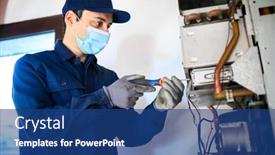  Presentation with water - Audience pleasing PPT theme consisting of smiling-technician-repairing-an-hot backdrop and a ocean colored foreground