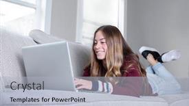  Presentation with virtual work - Colorful slide set enhanced with smiling-teen-female-student-conference backdrop and a light gray colored foreground