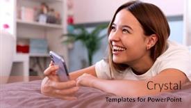  Presentation with mobile home - Theme consisting of smiling-teenage-girl-lying background and a coral colored foreground