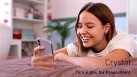  Presentation with mobile home - PPT theme enhanced with smiling-teenage-girl-lying background and a coral colored foreground