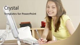  Presentation with home schoolng teens - Colorful PPT theme enhanced with smiling teenage girl on computer backdrop and a  colored foreground