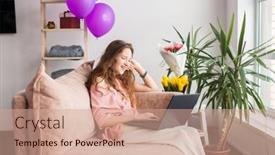  Presentation with teenage girl - Presentation theme consisting of smiling-teenage-girl-spends-weekend background and a coral colored foreground