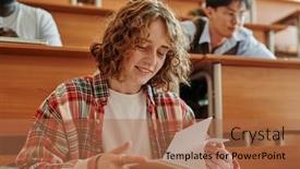  Presentation with highschool - PPT theme enhanced with smiling-teenage-student-of-highschool background and a coral colored foreground