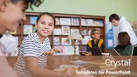  Presentation with points - PPT theme with smiling-teenage-student-sharing background and a coral colored foreground