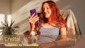  Presentation with mobile application - PPT theme enhanced with smiling-teenager-girl-relax-sit background and a tawny brown colored foreground