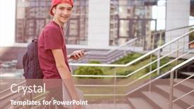  Presentation with cell - Colorful PPT theme enhanced with smiling-teenager-holds-cell-phone backdrop and a coral colored foreground