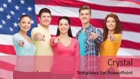  Presentation with american flag - PPT theme having smiling teenagers standing over american background and a  colored foreground